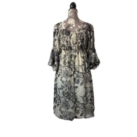 Max Studio Small Women's Black and Tan Midi Dress 3/4 Bell Sleeves Boho Relaxed - Picture 3 of 15